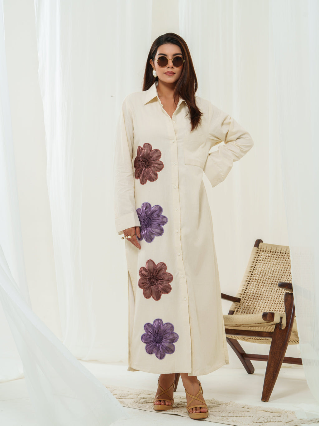 Handloom embellished tissue flower shirt dress