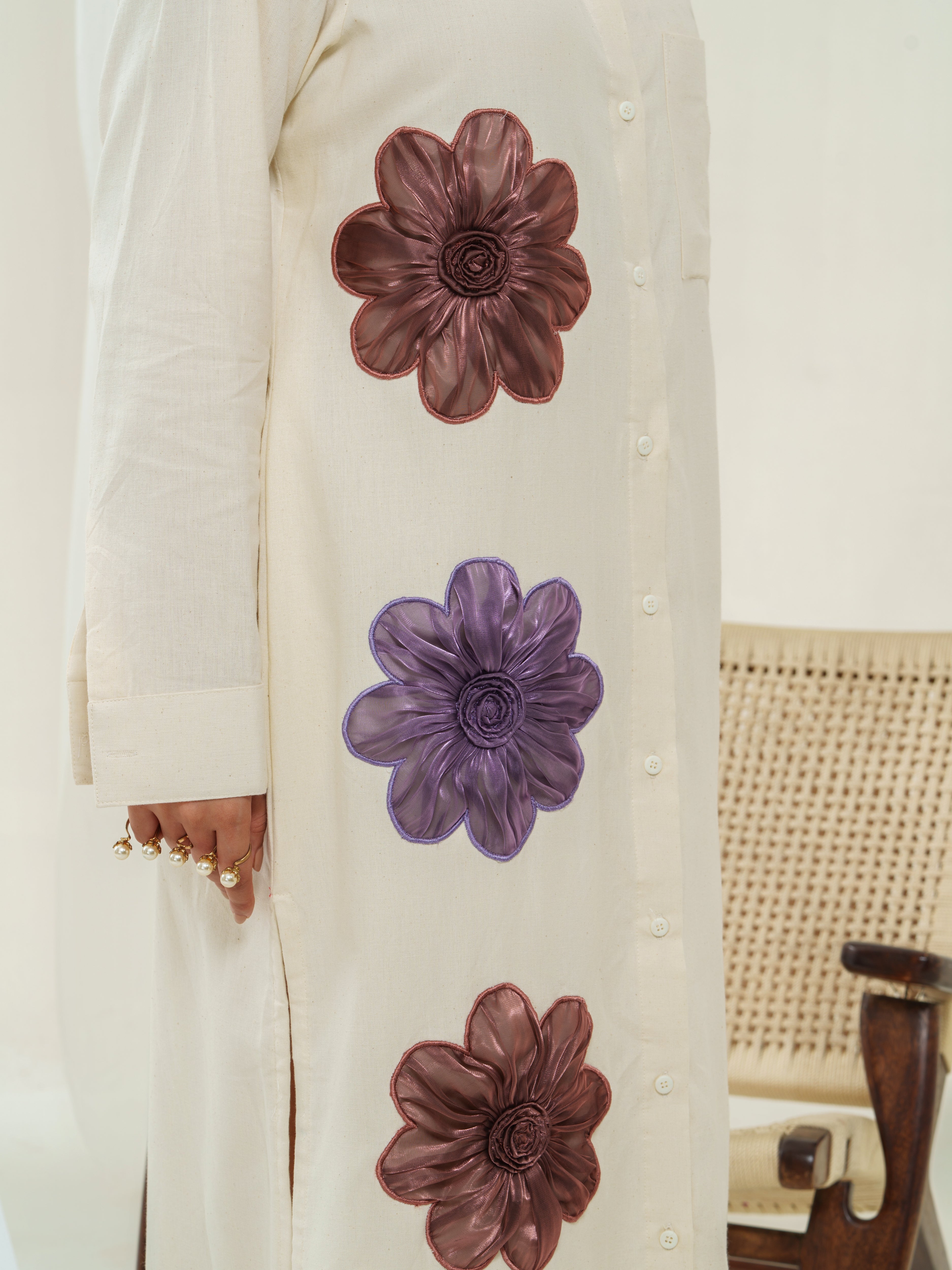 Handloom embellished tissue flower shirt dress