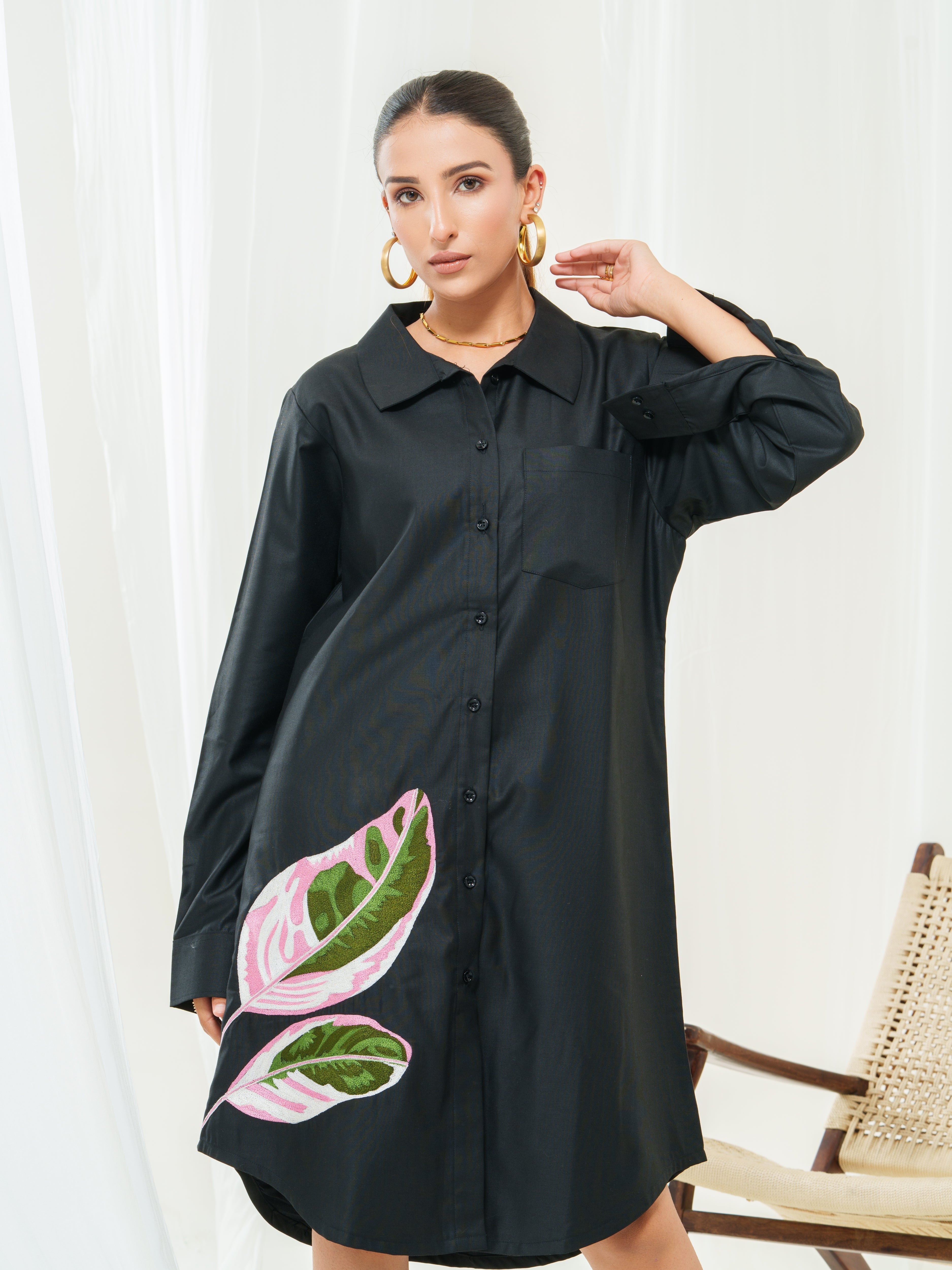 Calathea leaves embroidery shirt dress
