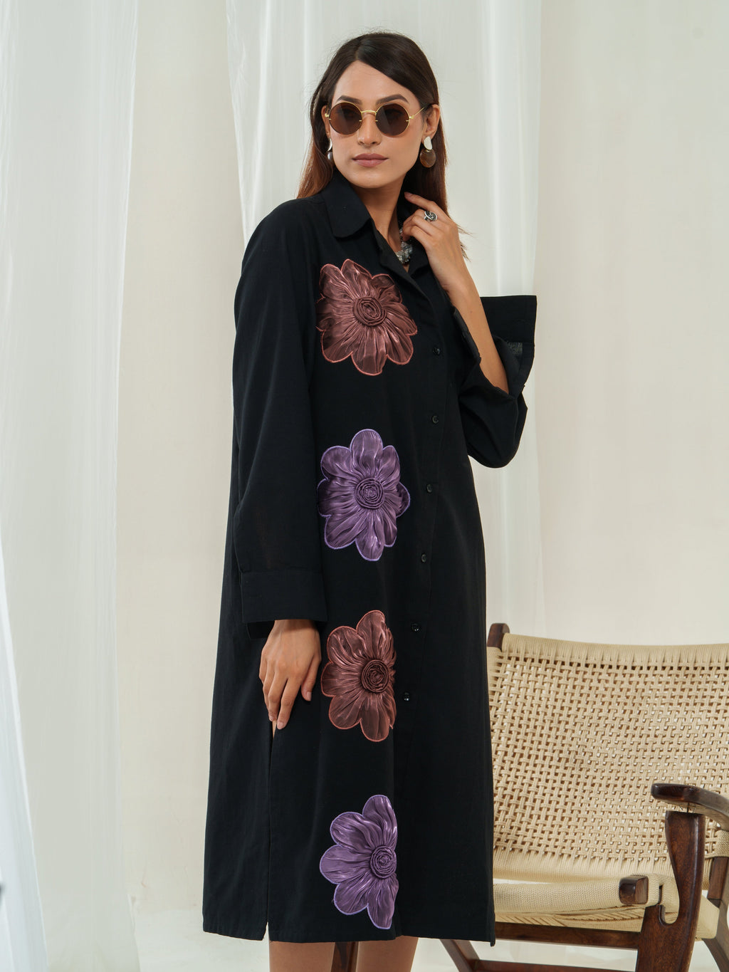 Handloom embellished & tissue flower shirt dress